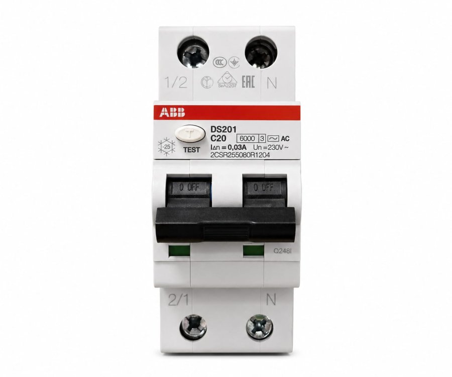 დიფერენციალური რელე ავტომატი ABB DS201-C20A 2X20A 6kA C 30mA