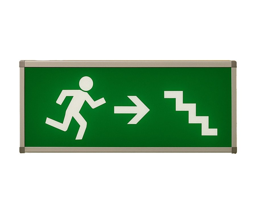 ავარიული გასასვლელის სანათი EXIT გასვლა მარჯვნივ კიბით